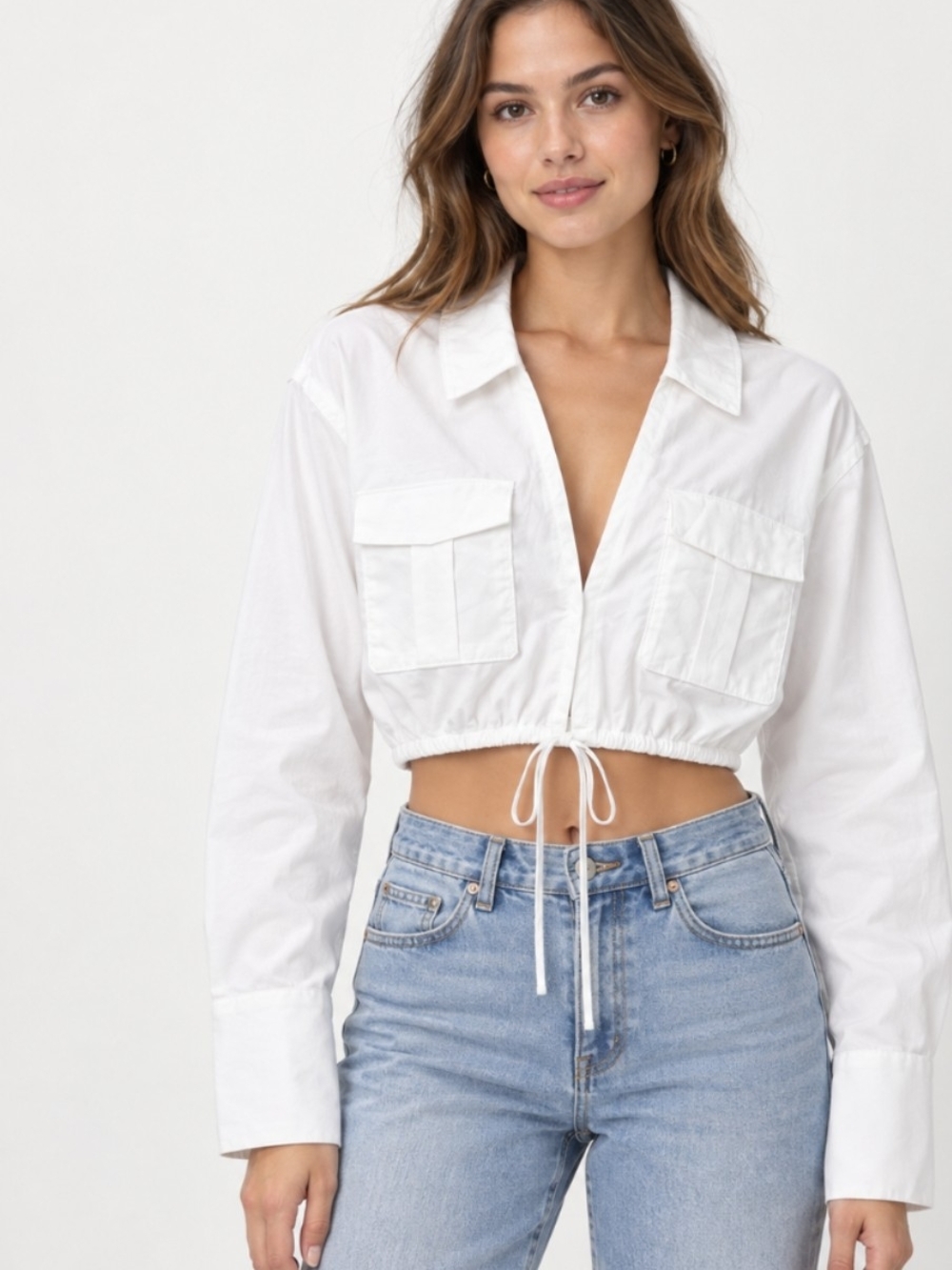 H&M White Cropped Utility Jacket with Drawstring
